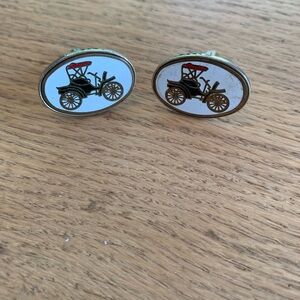 Vintage Automobile Antique Coupe Cuff links Enamel White Black Red Goldtones Pre